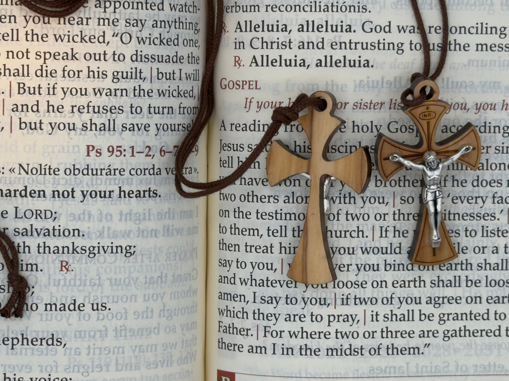 1 7/8" Flared Natural Olive Wood Jerusalem Crucifix on a Brown Cord