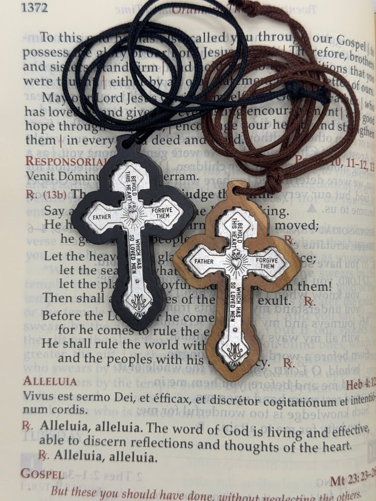 Olive Wood Wrapped Pardon Crucifix With Cord. Made in Italy