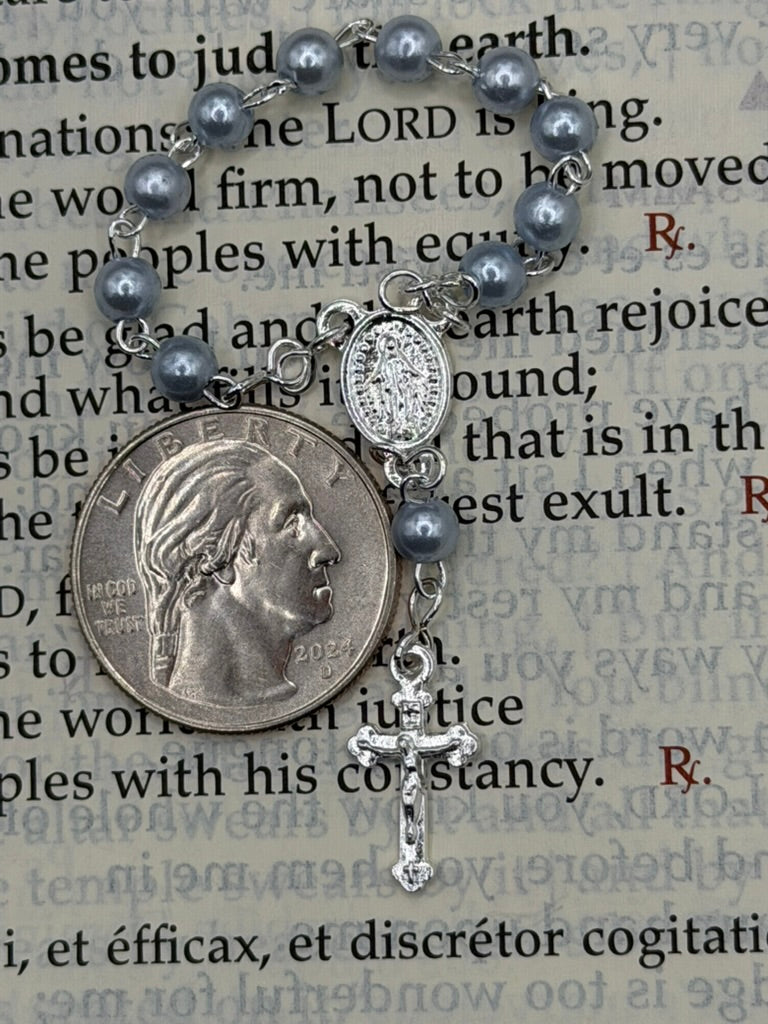 Pocket Rosary with Blue Faux Pearl Beads & Miraculous Medal Center