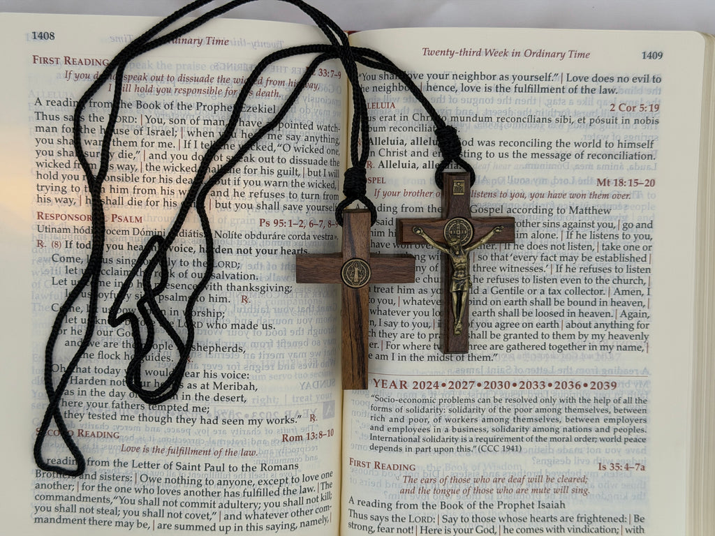 St. Benedict Wooden Crucifix Necklace 2.75"