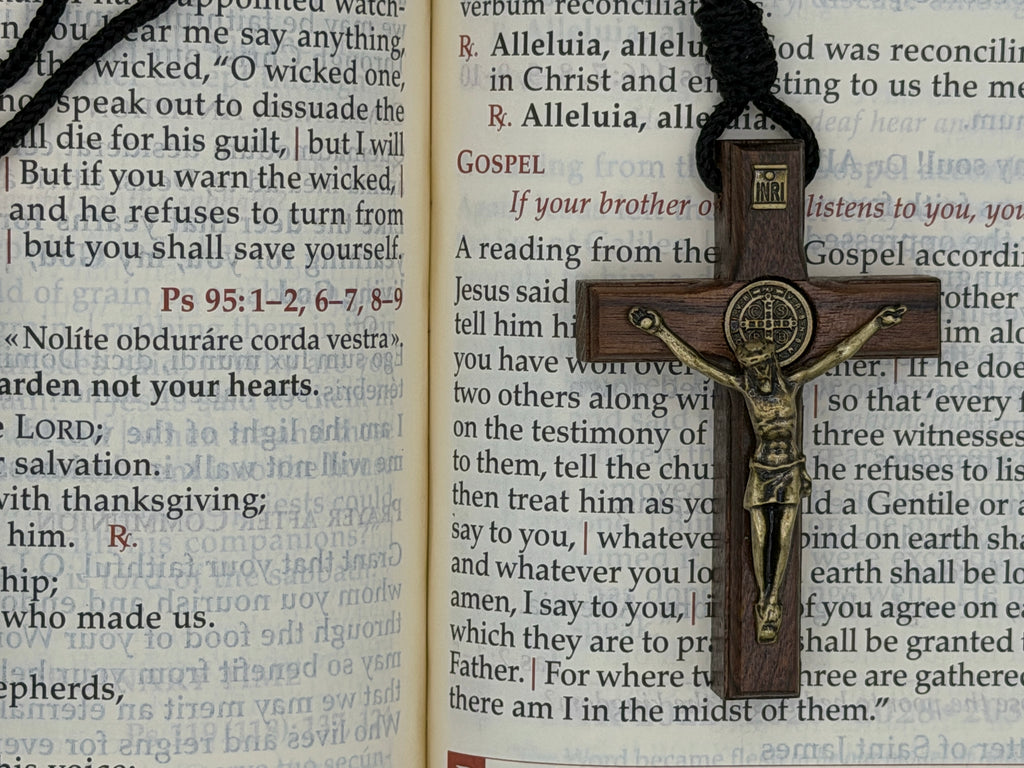 St. Benedict Wooden Crucifix Necklace 2.75"