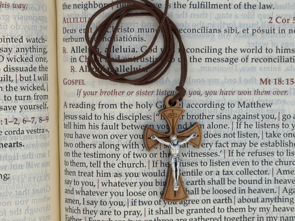 1 7/8" Flared Natural Olive Wood Jerusalem Crucifix on a Brown Cord