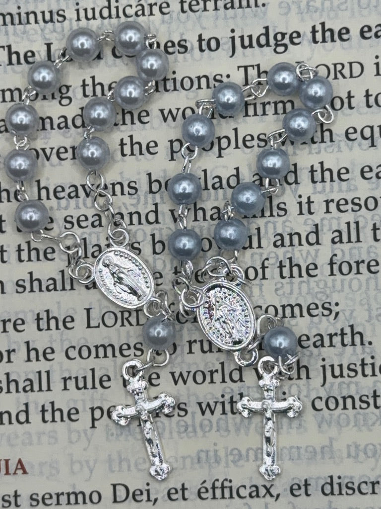 Pocket Rosary with Blue Faux Pearl Beads & Miraculous Medal Center