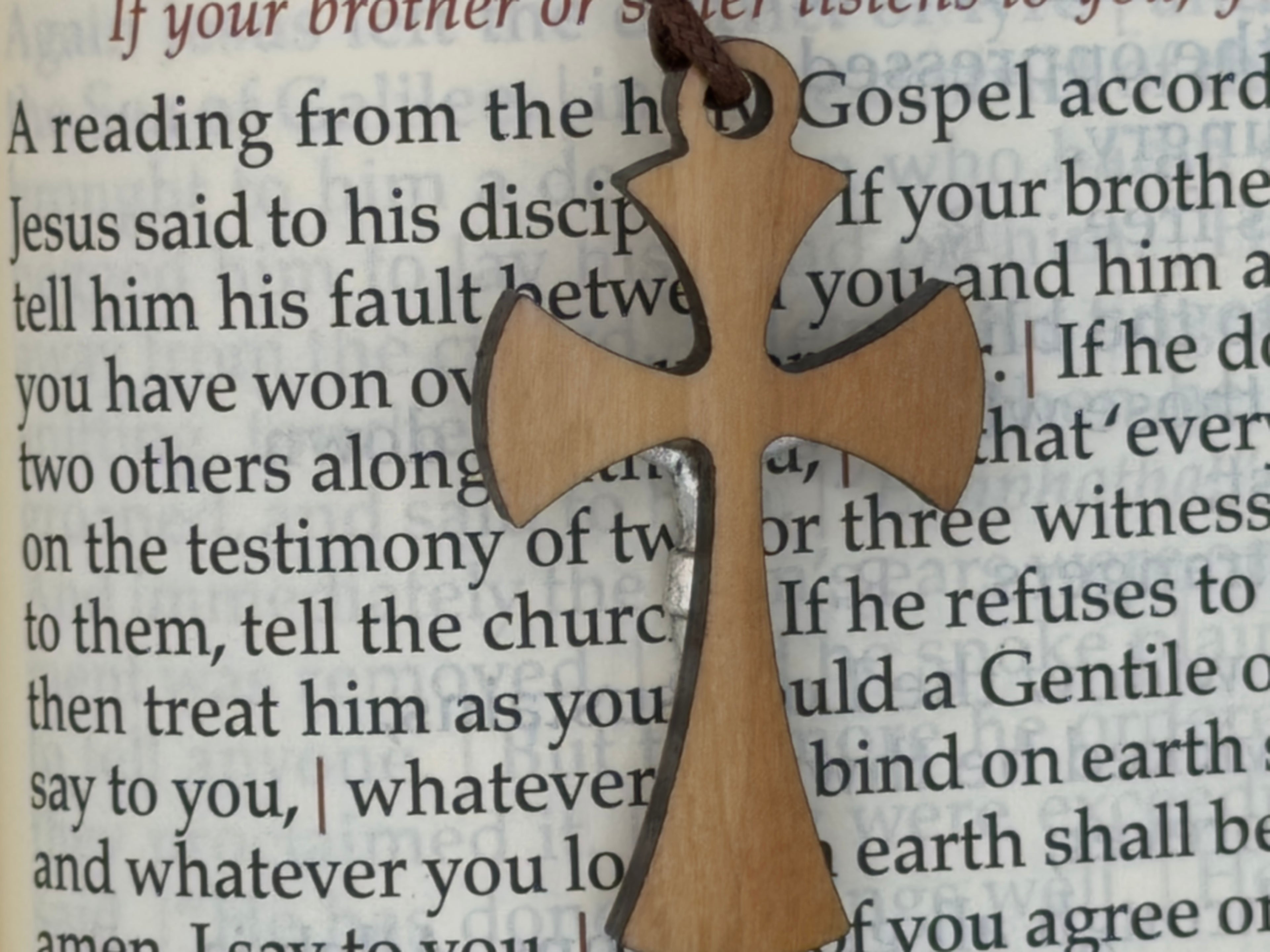 1 7/8" Flared Natural Olive Wood Jerusalem Crucifix on a Brown Cord