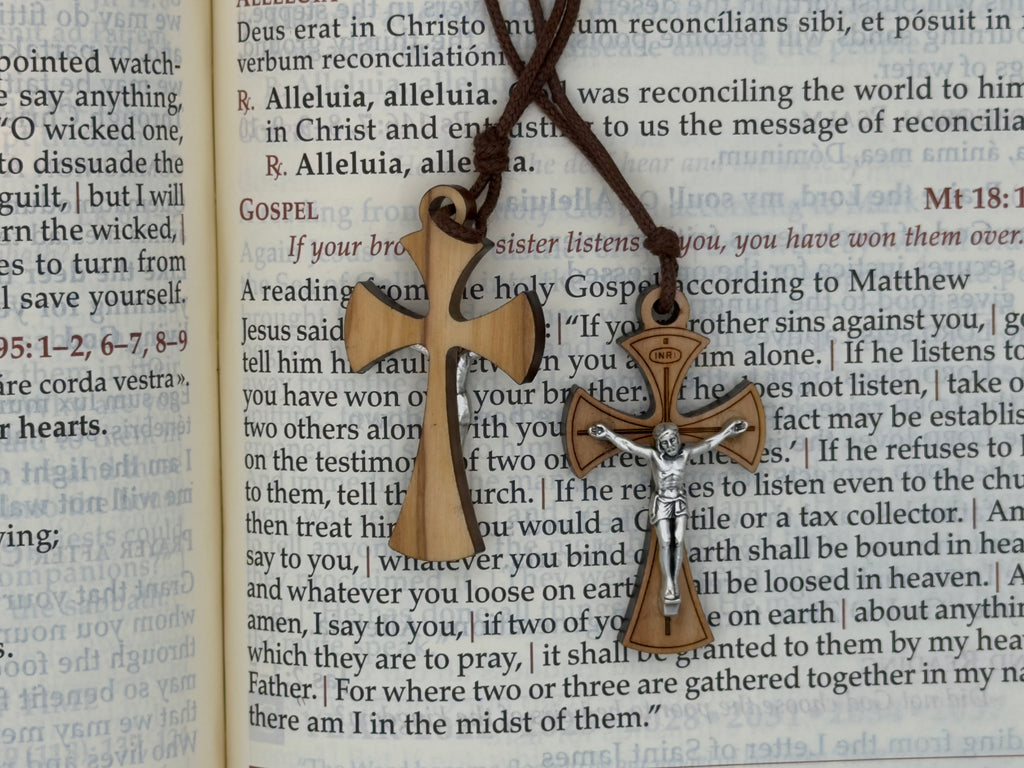 1 7/8" Flared Natural Olive Wood Jerusalem Crucifix on a Brown Cord