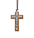 1 3/4" Natural Olive Wood Crucifix with Antiqued Silver Corpus on 27" Cord